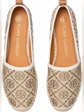 Tory Burch Beige and Brown Logo Espadrille Flats